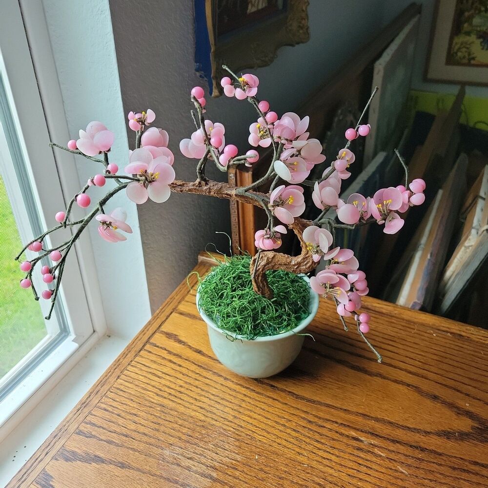 Vtg Glass Pink Cherry Blossom Flowers Leaves Bonsai Tree 12" Tall 4.5" Round MCM